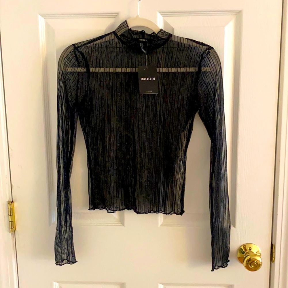 NWT Forever 21 Black Sheer long Sleeve Mock Neck S